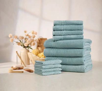 Pure Linen 100% Cotton Solid & Raised Texture 12-pc Towel Set, Soft & Quick-Drying Household Towels